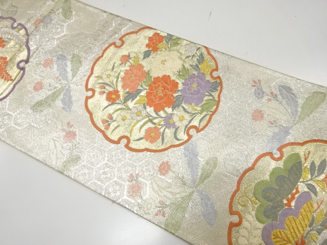 JAPANESE KIMONO / ANTIQUE FUKURO OBI / SILK / WOVEN SNOWFLAKE & PEONY & PINE & WISTERIA